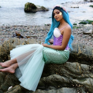 Mermaid Tail Costume Set - Mint fish tail skirt and lavender top - Mermaid crown - Halloween or Christmas party outfit - Fantasy cosplay