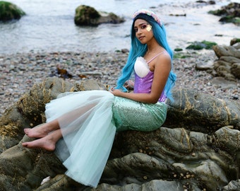 Conjunto de traje de cola de sirena - Falda de cola de pez menta y top de lavanda - Corona de sirena - Traje de fiesta de Halloween o Navidad - Cosplay de fantasía