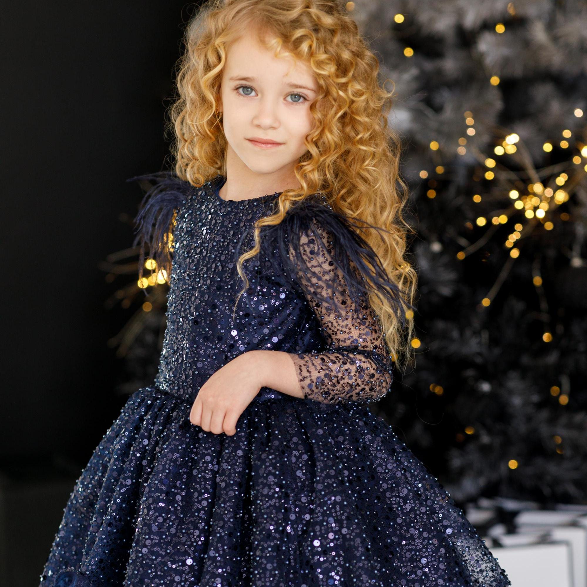 Navy Blue Sparkling Girls Christmas Party Dresstwinkling Star Princess Gown,  Elegant Kids Fashion, Holiday and Birthday Toddler Tutu Dress