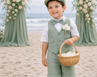 Sage Green Linen Boy Outfit, Ring Bearer Outfit, Boys Vest Set, Wedding Outfit Toddler Boy, Linen Suit Boy 1-8 Years