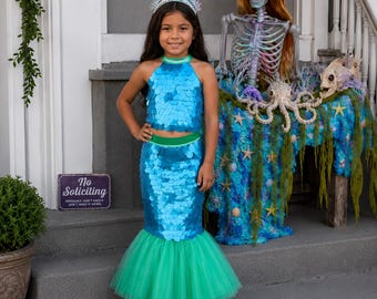Turquoise Mermaid Costume for Girls, Sequin Halter Top and Mermaid Tail Skirt, Ocean Princess Outfit, Birthday Halloween Dress Up Set 3-8Y