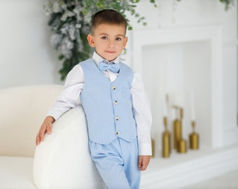 Boys Linen Suit 2-6 Years - Sky Blue Vest, Pants & Bow Tie Set - Natural Linen Kids Formal Wear - Toddler Wedding Outfit