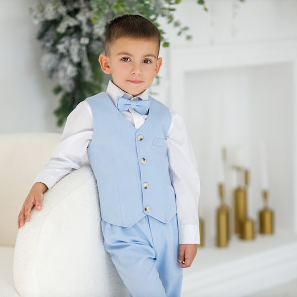 Traje de lino para niños de 2 a 6 años - Conjunto de chaleco, pantalones y pajarita azul cielo - Ropa formal para niños de lino natural - Traje de boda para niños pequeños