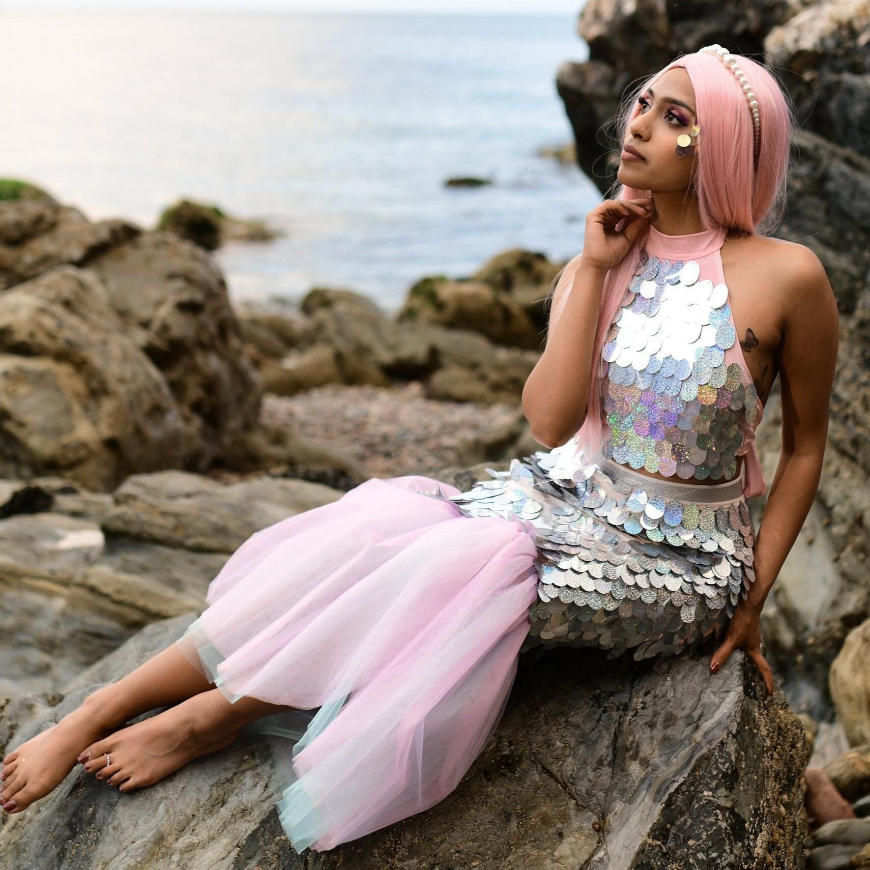 Shimmering Silver Mermaid Tail Costume Adult | Sparkly Ocean Theme ...