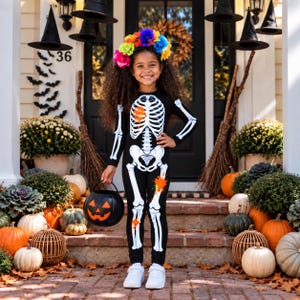 May include: A black long-sleeved jumpsuit featuring a white skeleton print on the front with orange and yellow paint splatter accents. The jumpsuit is worn with a colorful floral crown and white sneakers, while holding a black plastic pumpkin bucket.