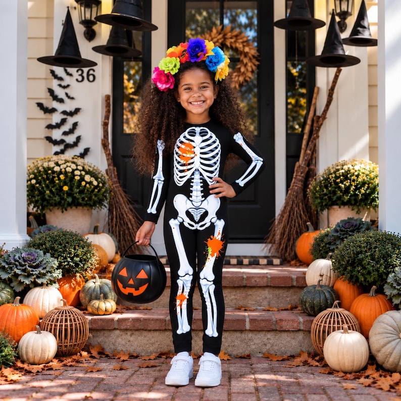May include: A black long-sleeved jumpsuit featuring a white skeleton print on the front with orange and yellow paint splatter accents. The jumpsuit is worn with a colorful floral crown and white sneakers, while holding a black plastic pumpkin bucket.