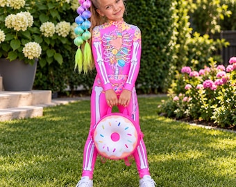 Neon Pink Skeleton Jumpsuit for Girls, Black Light Halloween Costume, Colorful Bones Bodysuit, Kids Spooky Party Outfit 2-10 Years