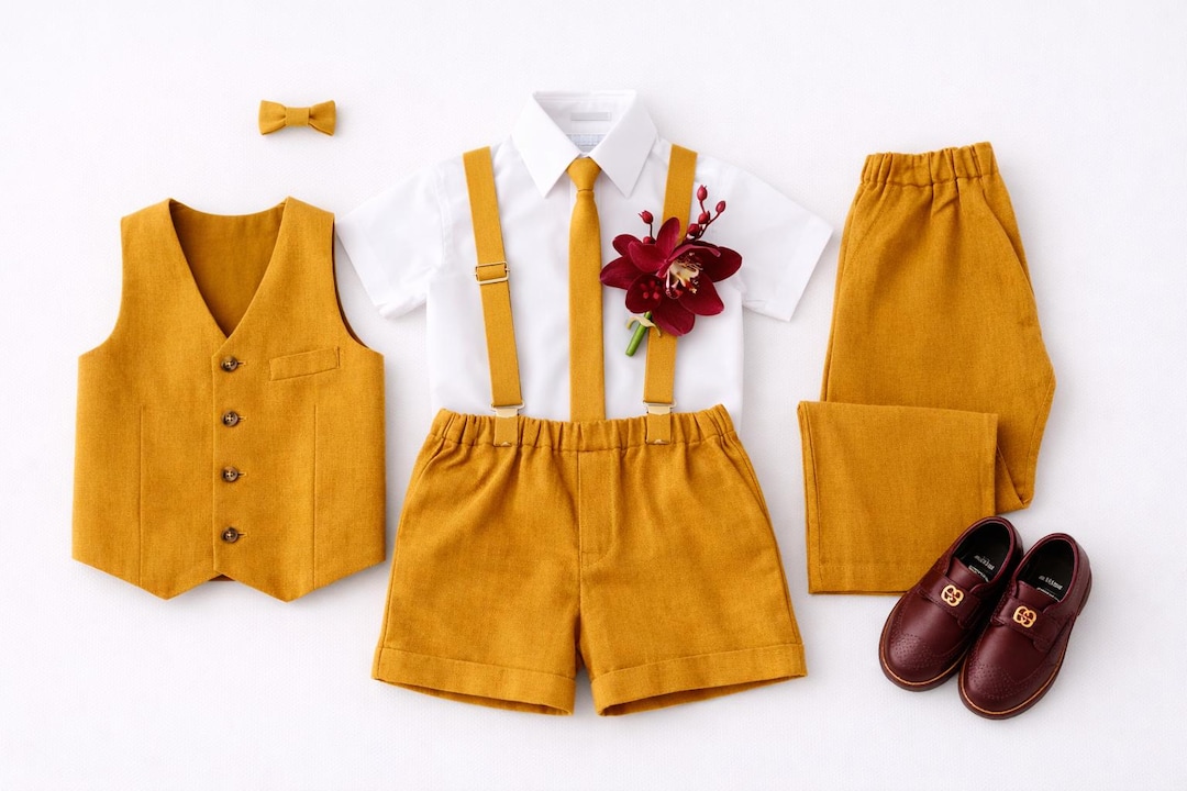 Mustard Linen Ring Bearer Outfit, Boys Wedding Suit Set: Vest, Pants, Shorts, Suspenders, Bow-Tie, Tie, Page Boy Attire, Toddler Formal Wear Mustard Linen Ring Bearer Outfit, Boys Wedding Suit Set: Vest, Pants, Shorts, Suspenders, Bow-Tie, Tie, Page Boy Attire, Toddler Formal Wear
