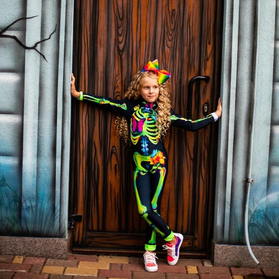 Kids Halloween party costume, girls skeleton bones bodysuit, funny sugar skull jumpsuit, Trick or Treat, Day of the Dead