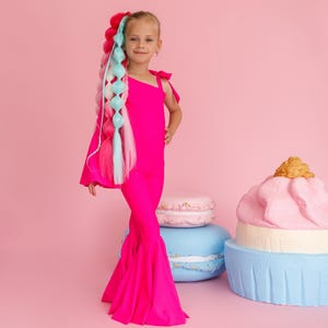 Girl Disco Jumpsuit, Fuchsia Dancing Asymmetric Outfit - Flare Bell Jumpsuit, Hot Pink One Shoulder Jumpsuit , Toddler Spandex Romper