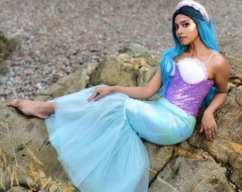 Conjunto de disfraz de cola de sirena: falda, diadema y corona de sirena menta para momentos mágicos: atuendo de fiesta de Halloween o Navidad