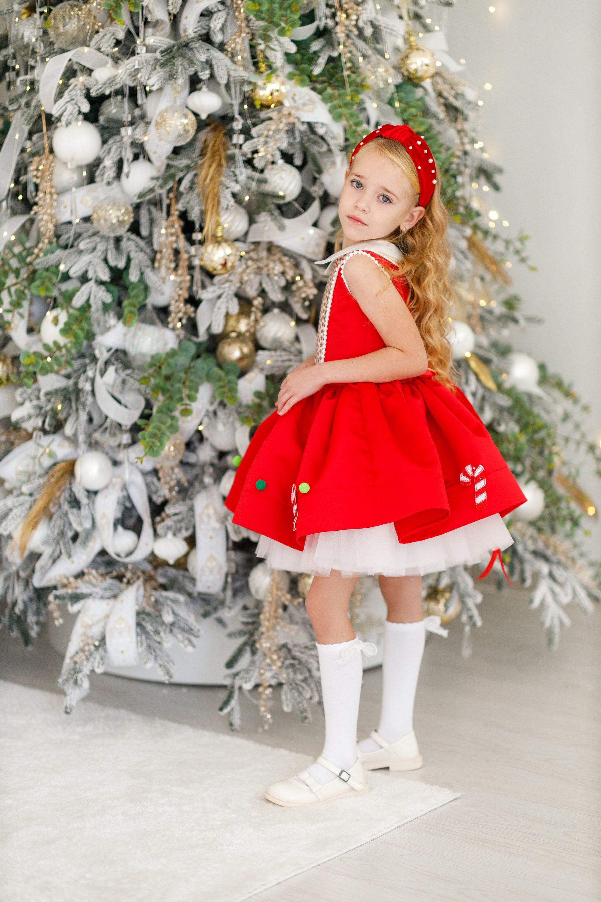 Festive Red Christmas Dress for Girls Holiday Themed Gown Santa Theme Dress Tulle Knee-Length Party Dress Toddler Holiday Outfit