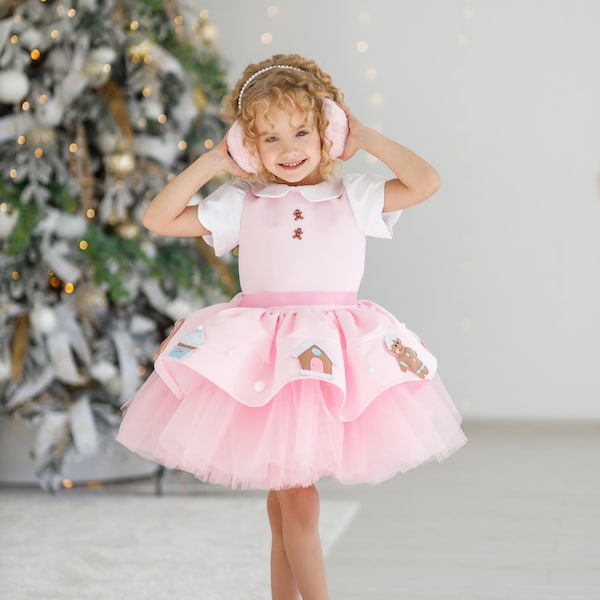 Blush Pink Christmas Dress for Girls 1-9 Years  Gingerbread Themed Gown  Knee Length Tutu  Christmas Cute Party Dress Festive Girls Outfit