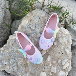 Mermaid Princess Shoes for Girls  Pastel Glitter Flats with Seashells & Rhinestones | Toddler Dress Shoes for Birthday Party