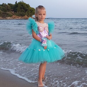 Turquoise Tulle Mermaid Tutu Dress for Girls with Lavender Corset - Seashell Accents - Puffy Sleeves - Elegant & Comfortable