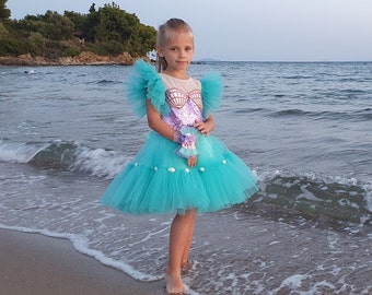 Turquoise Tulle Mermaid Tutu Dress for Girls with Lavender Corset - Seashell Accents - Puffy Sleeves - Elegant & Comfortable