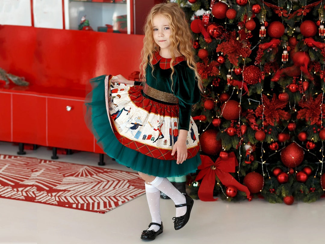Kids Christmas Dress, Tartan Green Holiday Outfit, Nutcracker Baby Girl Dress, Baby 1st