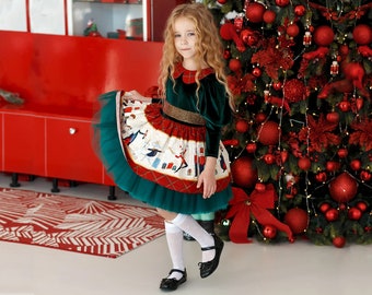 Kerstjurk voor kinderen, Tartan groene vakantie-outfit, notenkraker babymeisje jurk, baby 1e kerstcadeau peuter partij gezwollen rok