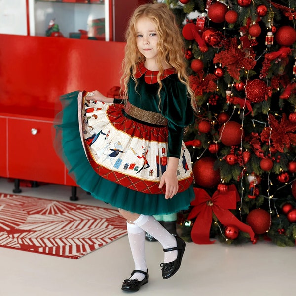 Kids Christmas Dress, Tartan Green Holiday Outfit, Nutcracker Baby Girl Dress, Baby 1st Christmas Gift Toddler Party Puffy Skirt