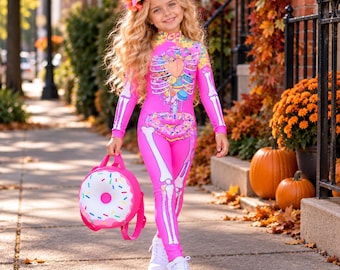 Pink Sugar Skull Jumpsuit for Girls, Fluorescent Halloween Outfit, Skeleton Costume 2-10Y