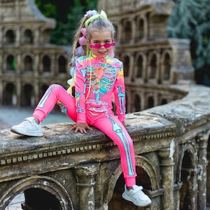 Toddler Girl Halloween Costume - Gothic Pink Skeleton Bodysuit - Funny Sugar Skull Jumpsuit - Trick or Treat
