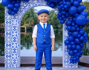 Traje de lino azul para niño, pantalón + corbata + chaleco, traje para portador de anillos, traje de cumpleaños para niño, traje de boda para niño pequeño, traje formal para niños de 1 a 10 años.