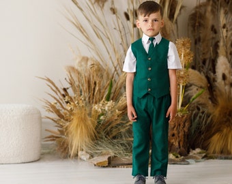 Emerald Green Boys Linen Suit - Ring Bearer Outfit, Boys Linen Suit, Christening Outfit, and More!