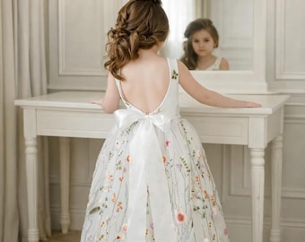 Flower Girl Dress, Boho Floor Length Tulle Gown, Rustic Lace Wedding Look for Toddler & Kids