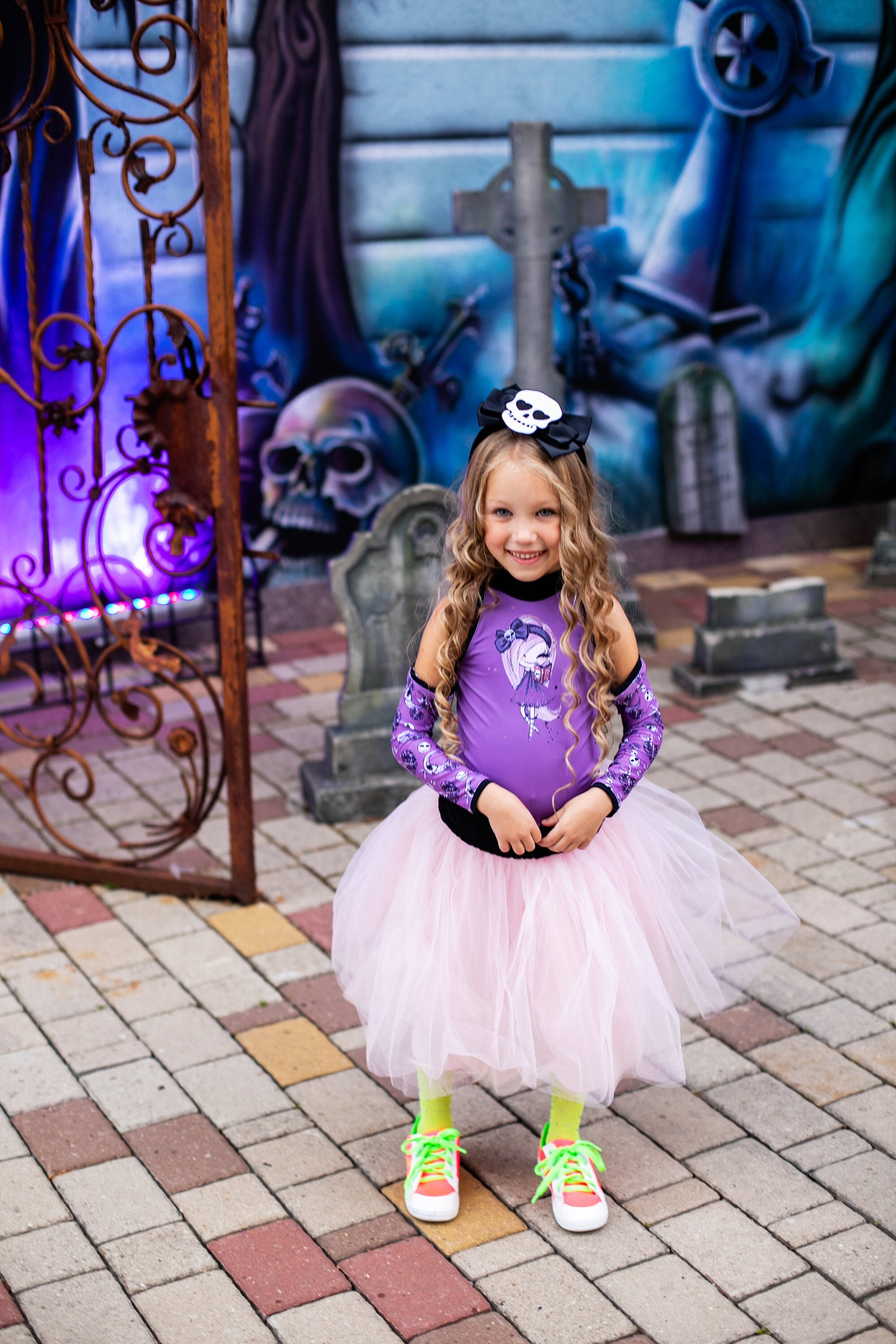 Halloween Birthday Girl Costume, Gothic Tutu, Skull Bow Headband, Kids Purple Top, Fantasy Magical Witch Party