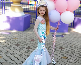 Vestido de sirena para niña: disfraz de sirena con lentejuelas brillantes para fiesta de cumpleaños, sesión de fotos o Halloween.
