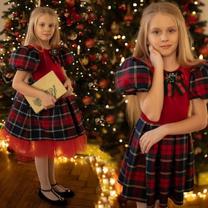 Robe en velours à carreaux écossais bleu rouge à manches courtes | Tenue de Noël | Tenue d&#39;hiver | Robe tutu-jupe pour fille | Cadeau de Noël