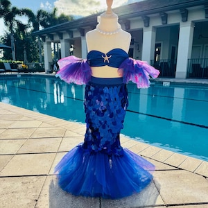 Royal Blue Girl Mermaid Costume – Sequin Top & Tail Skirt for Girls – Optional Mermaid T-Shirt, Birthday or Halloween Dress (Ages 3–8)