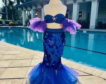 Disfraz de sirena azul rey para niña: top de lentejuelas y falda de cola. Incluye camiseta de sirena y vestido de cumpleaños o Halloween (de 3 a 8 años).