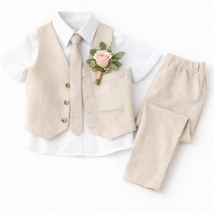 Natural Ring Bearer Outfit, Toddler Formal Wear for Wedding, Boys Linen Suit Set with Tie, Vest, and Pants