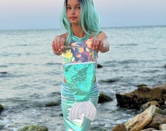 Bolso de sirena para niñas: lentejuelas multicolor en rosa, blanco, morado, verde, dorado y azul. Monedero holográfico. Bonito regalo de cumpleaños con forma de cola de pez.