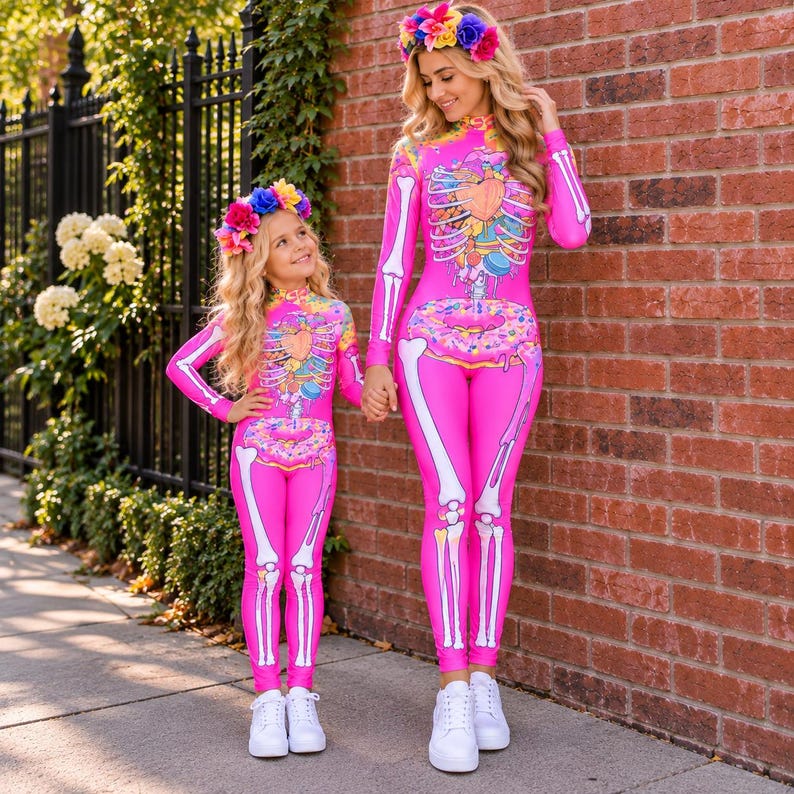 May include: Two matching long-sleeve jumpsuits in bright pink featuring a white skeleton print on the front, arms, and legs. The torso area displays a colorful graphic of a heart and a donut. Both outfits include a floral crown with colorful flowers.