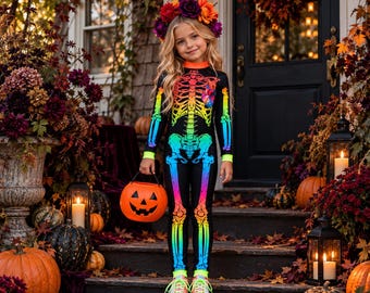 Rainbow Skeleton Bodysuit for Girls, Black Neon Halloween Costume, UV Reactive Kids Outfit