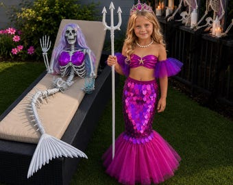 Hot Pink Mermaid Costume for Girls, Sequin Mermaid Set, Pink Ocean Princess Outfit, Birthday Halloween Dress Up, Two Piece 3-8Y