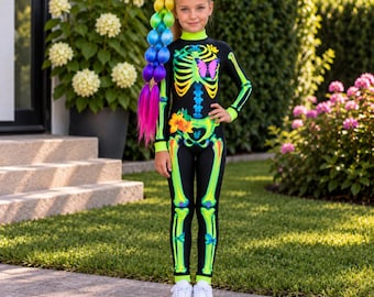 Neon Floral Skeleton Jumpsuit for Girls, Glow Halloween Costume, Colorful Bones Bodysuit, Kids Spooky Party Outfit 2-10 Years