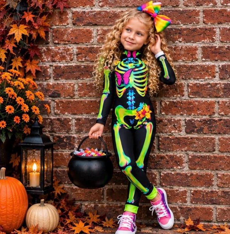 May include: A black long-sleeved jumpsuit featuring a neon-colored skeleton print with a pink butterfly and orange flowers on the chest and hip. The outfit includes a large, multi-colored rainbow hair bow and pink and white lace-up sneakers.