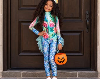 Sea Princess Mermaid Jumpsuit for Girls, Blue Scale Halloween Costume, Under the Sea Outfit, Mermaid Photoshoot Costume, Ages 2-10