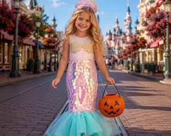 Mermaid Dress for Girls, Sequin Mermaid Dress with Mint Organza Tail, Halloween Costume, Birthday Party Dress, Photoshoot Outfit, Age 1-10