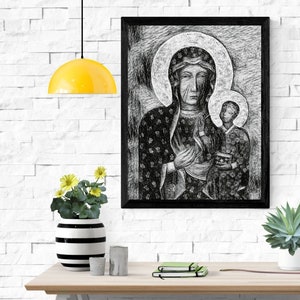 Our Lady of Częstochowa - printable - Mary and Jesus - catholic poster Black Madonna pencil wall art instant download | PNG + PDF