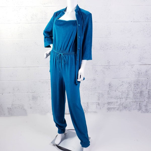 Vintage De Weese Design Swim & Sun Fashions 2 Piece Jumpsuit with Jacket Beach Lounge Wear in Vibrant Teal Velour