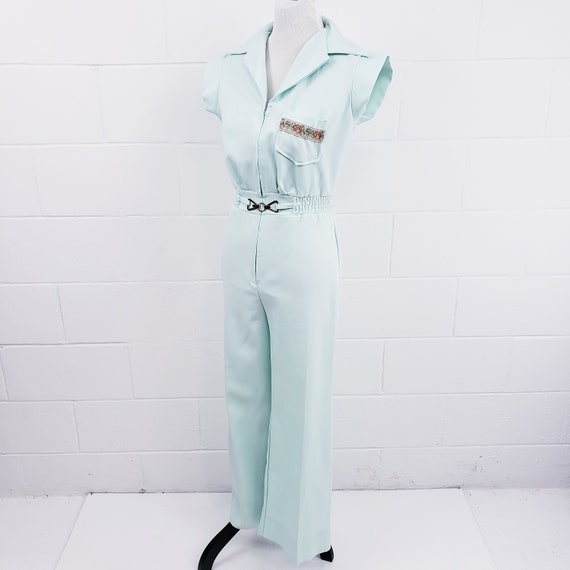 1970s Wide Leg Jumpsuit, Aqua Blue Bell Bottom Di… - image 1