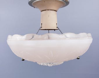 Vintage 1930s Art Deco 3-Chain Floating Pink Glass Ceiling Light Fixture Shade | Antique Pink Light Fixture w/ 3 Beaded Chain Art Deco 1930s