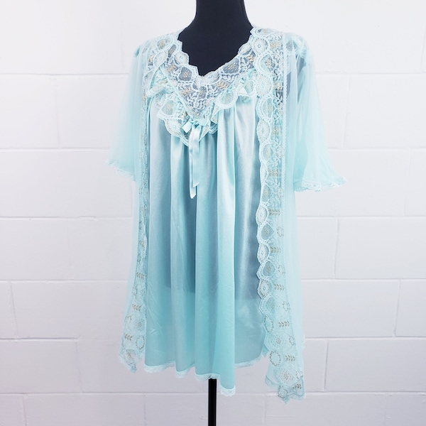 Vintage Lingerie Robin's Egg Blue BabyDoll Nightgown Lace & Embroidered Details, Sheer Negligee Chemise w/ Robe Size Medium