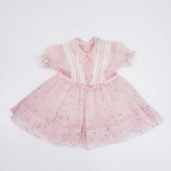 1950s Toddler Dress Sheer Nylon Pink Floral Girls Dress Size 2, Pink 1950s Girls Dress with Lace Trim, Party Dress