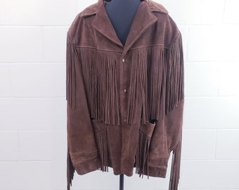 1970s Schott Rancher Western Suede Fringe Jacket - Size 48 | Vintage 70s Cowboy Boho Brown Leather Coat | Western Fringe Suede Jacket