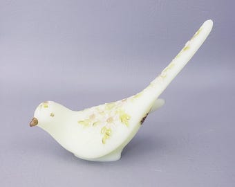 Fenton Custard Glass Bird of Happiness, Hand Painted White Blossoms Uranium Glass Fenton Bird Signed, Fenton Vaseline Glass Bird